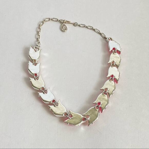 Vintage Pink Lucite Moonglow Leaf Necklace & Bracelet Set Silver Tone 60s Retro - Picture 8 of 14